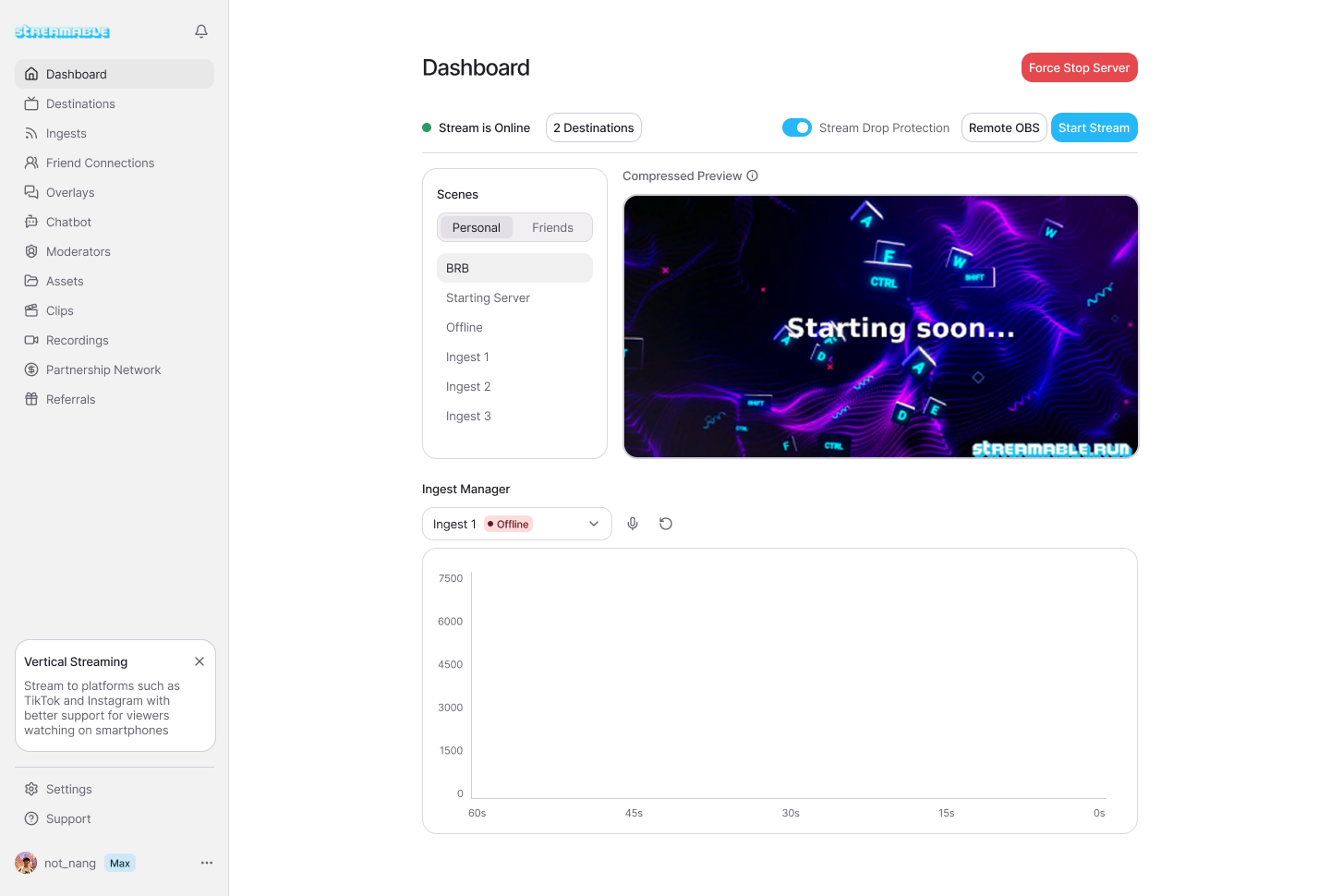 StreamableRun dashboard showing active server and stream status.
