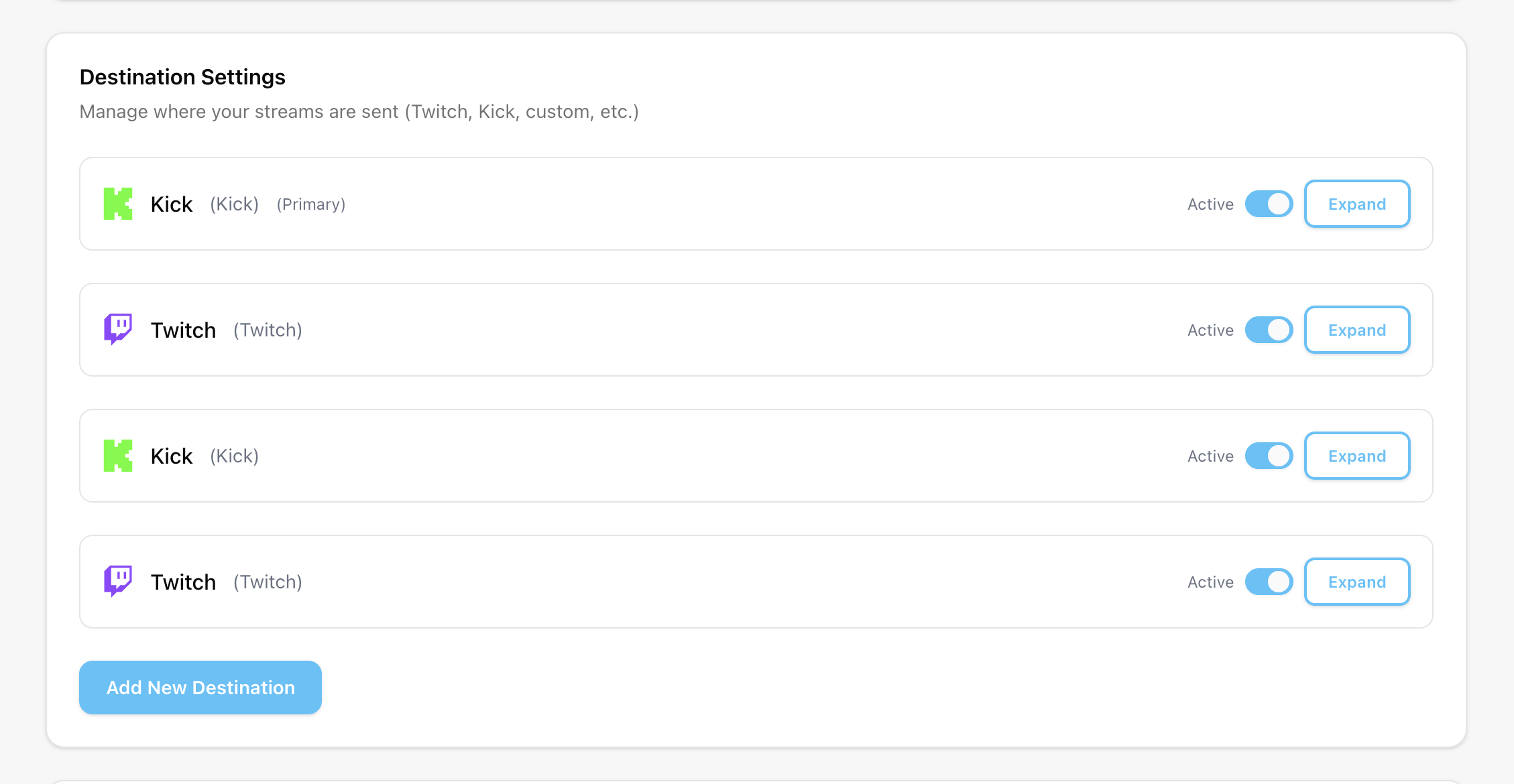 Streamable destination controls for managing live outputs.